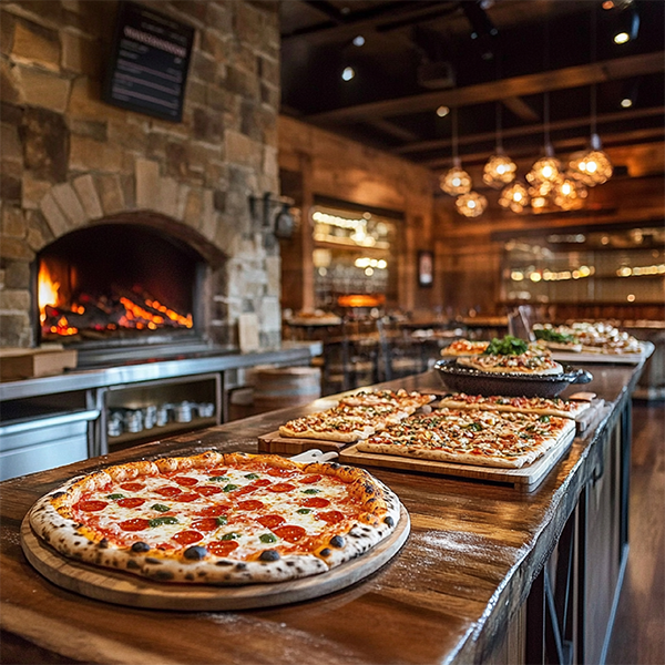 une-pizzeria-avec-des-fours-a-pizza-une-variete-de-pizzas-et-une-salle-a-manger-decontractee